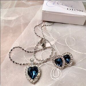 Avon 1998 Blue Heart Halo Necklace & Studs NIB | Bridal 90s Glam 108